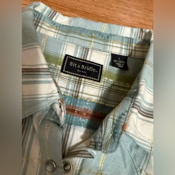 Bit and Bridle Womans Western Shirt Size L Pearl Snaps Short Sleeve - Picture 2 of 7